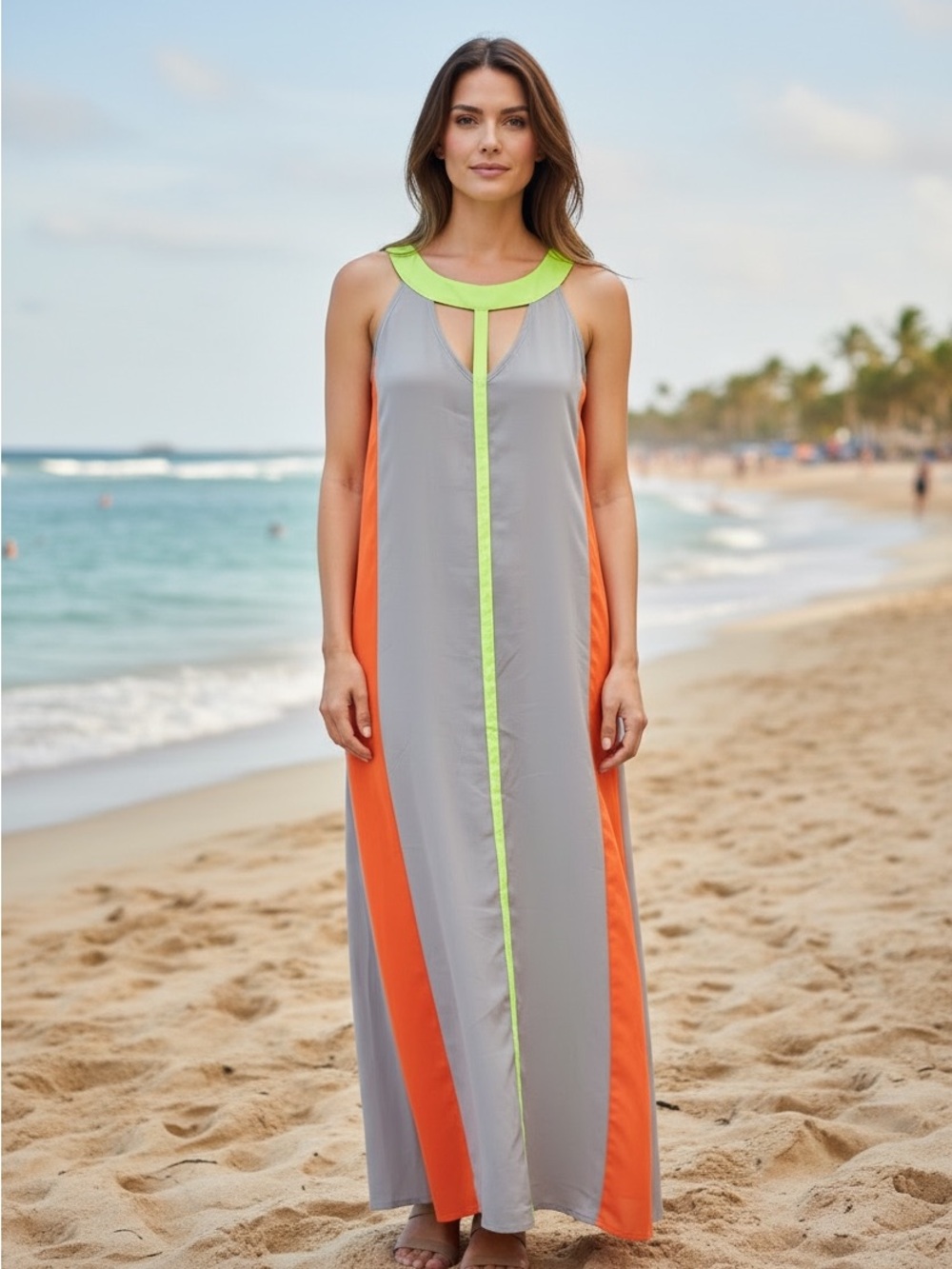 Gray & Orange Maxi Swim Cover-Up with Neon Lime Trim